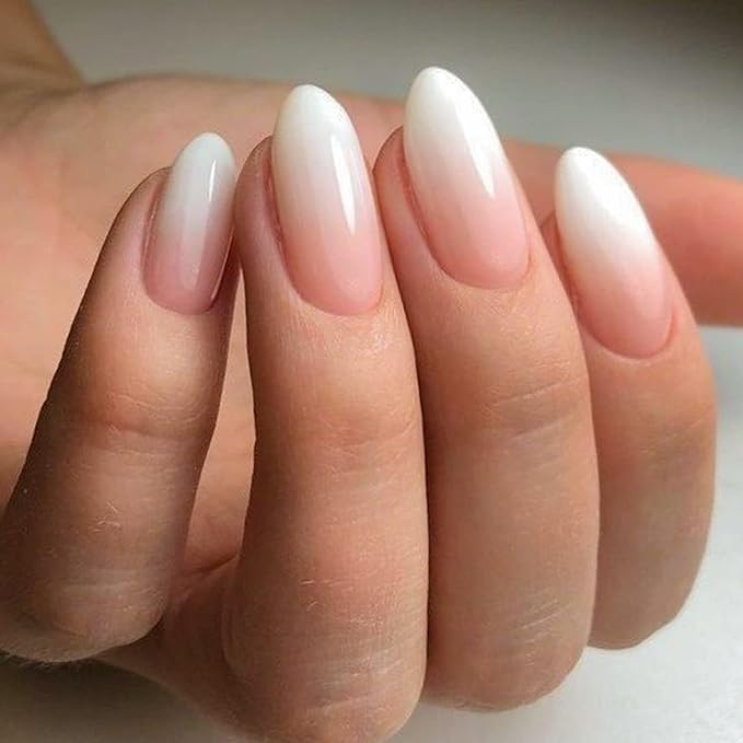 GLAMERMAID Press on Nails Medium Almond, Short Stiletto, Fake Nails Kit, with Glue, Ombre Pink White, French Tip, Brush, Crush, Easy Apply, Acrylic, Fake Nails, for Women, Reusable, Comfort-Fit