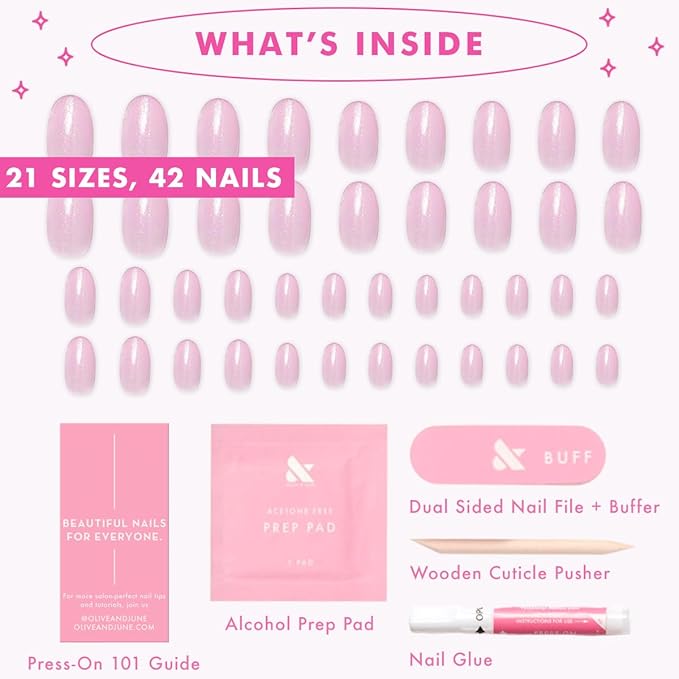 Olive & June Instant Mani Press-On Nails | (Glue) Medium, Oval 42 Fake Nails, 21 Sizes | Non-Toxic, Long-Lasting Recycled Materials Realistic Look | Salon-Quality at Home | Iridescent Pink