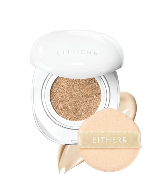 EITHER& Glow Pixel Cushion Foundation, Skincare Formula, Dewy Glass Skin, Lightweight & Long-Lasting 100H Wear, Buildable Hydrating Korean Cushion (17N Vanilla, 12g)
