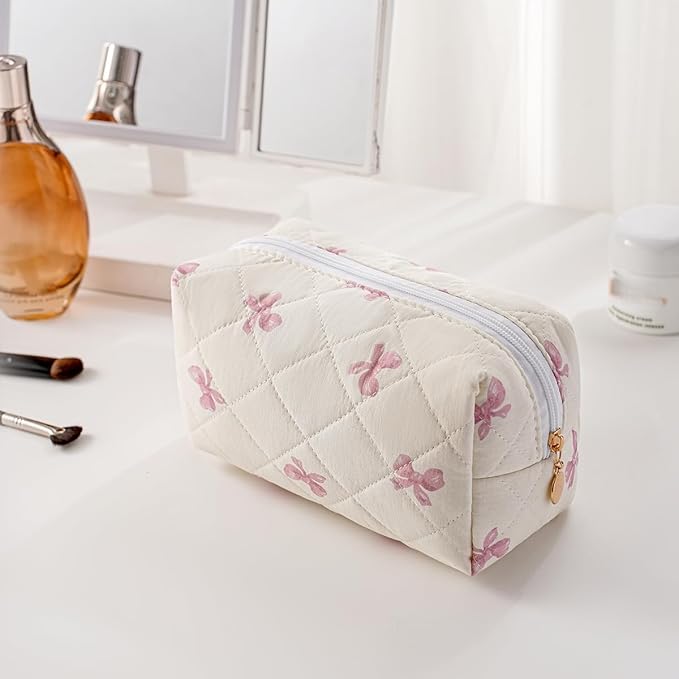 Cute Floral Makeup Bag Small Cotton Quilted Cosmetic Bag, Aesthetic Essential Bag Emergency Bag Gift for Women Girls Travel Accessories (Pink Small Bowknot)