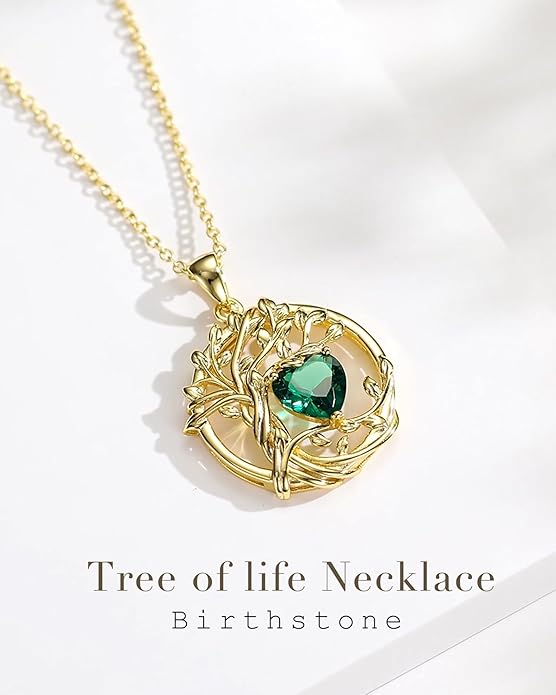 FANCIME Tree of life Birthstone necklace Sterling Silver Pendant Birthstone Necklace Gemstone Anniversary Birthday Jewelry Christmas Gifts for Mom Her Wife