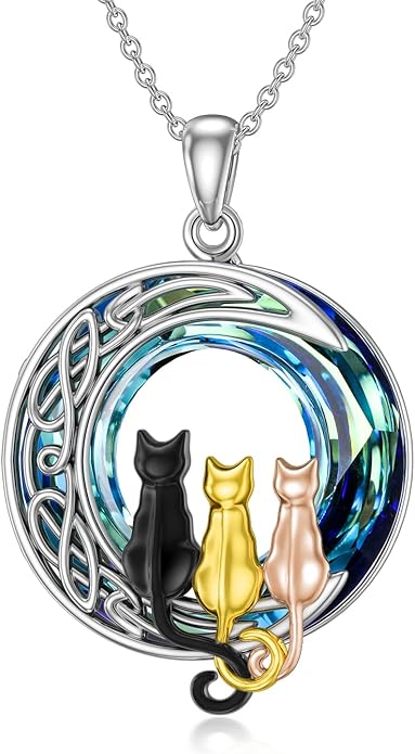 TOUPOP Cat Gifts for Cat Lovers One Two Three Four Cats Necklace Sterling Silver Cats on the Moon Pendant Necklace with Blue Circle Crystal Birthday Christmas Celtic Jewelry Gifts for Women