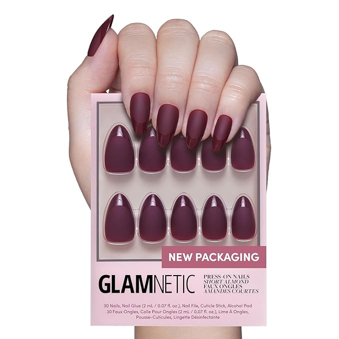 Glamnetic Press On Nails - Merlot | Matte Short Almond Dark Red Nails with Glossy French Tips | 15 Sizes - 30 Nail Kit with Glue