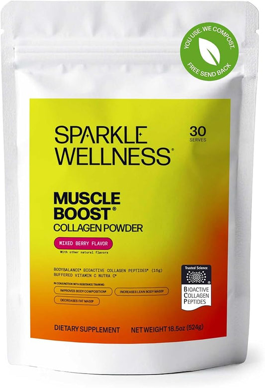 Sparkle Wellness Muscle Boost (Mixed Berry) [30-Serves] | Collagen Supplement Powder with Hydrolyzed BODYBALANCE Collagen Peptides & Buffered Vitamin C | Improves Body Composition