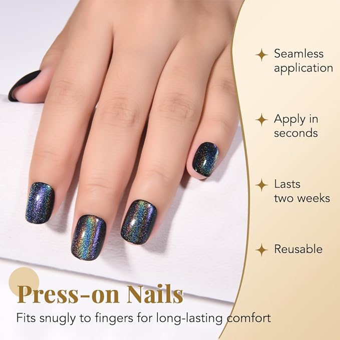 evpct Black Chrome Cat Eye Short Press on Nails Square, Short Square Stick on Nails for Women Gift, Black Metallic Glitter Glossy Reusable Spring Summer Soft Gel Press on Acrylic Fake Nail with Design