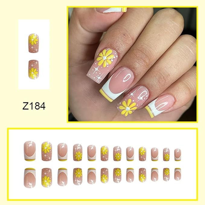 Sqaure Press on Nails Medium - French Tip Fake Nails with Yellow Flower Design - Glossy Full Cover Stick on Nails for Women 24 Pcs
