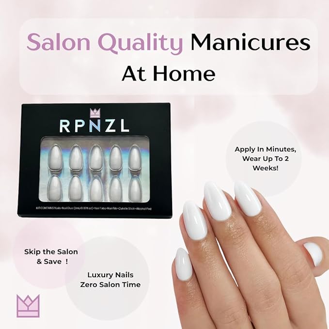 RPNZL Press On Nails - Coconut | Opaque White Medium Almond Nails, Salon Quality | 32 Nails, 16 Sizes Kit with Glue and Adhesive Tabs I Female Founded - Beauty, Self Care