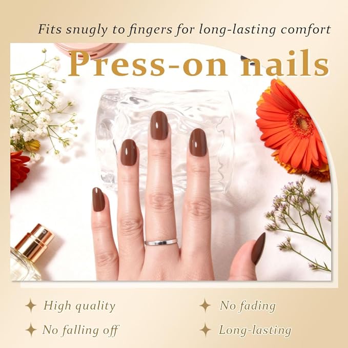 evpct Nude Brown Medium Oval Glossy Press on Nails for Women Gift, Glossy Nude Brown Fake Nail with Kits Manicure Kit, Soft Gel Full Cover Reusable Stick on Soft Acrylic False Nails Perfectly Fit