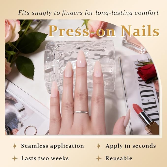 evpct Light Nude Medium Almond Glossy Press on Nails for Women Gift, Glossy Light Nude Fake Nail with Kits Manicure Kit, Soft Gel Full Cover Reusable Stick on Soft Acrylic False Nails Perfectly Fit