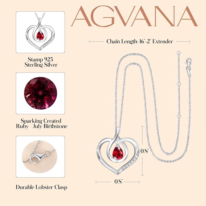 AGVANA Christmas Gifts Heart Birthstone Necklace for Women Sterling Silver Genuine or Created Gemstone Forever Love Pendant Necklace Fine Jewelry Anniversary Birthday Gifts for Women Mom Wife