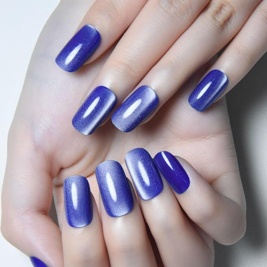 Blue Cat Eye Press on Nails Medium Square, Medium Square Press Stick on Nails Chrome for Women Gift, Blue Holographic Glitter Glossy Reusable Soft Gel Acrylic Fake Nail with Designs Cateye Effect