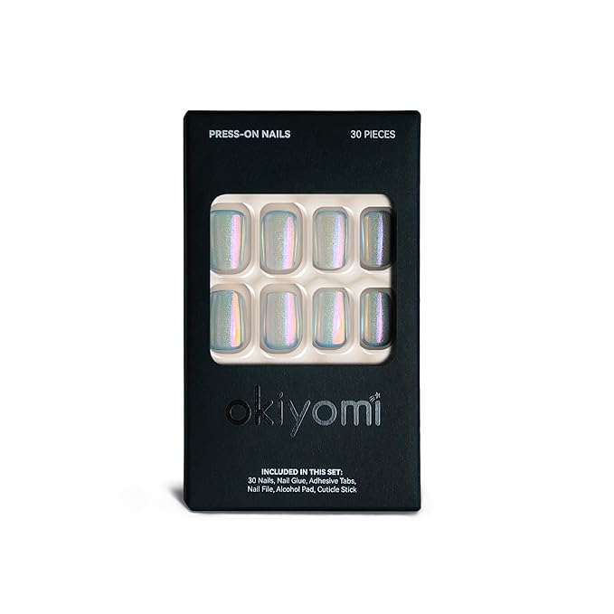 Okiyomi White Press on Nails - Iridescent Snow Cat Eye Press on Nails | Magnetic Pearl Sparkle with UV Finish - Short Ballerina Squoval - 15 Sizes - 30 Soft Gel Fake Nails with Glue and Stick On Tabs