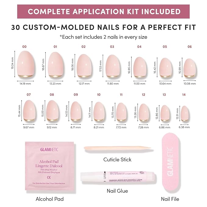 Glamnetic Press On Nails - Glam Goals | Short Oval Neutral Fake Nails with Gold Reverse French Tip, Salon Quality Nude Nails | 15 Sizes - 30 Nail Kit with Glue
