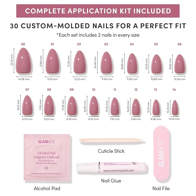 Glamnetic Press On Nails - Mauve Obsession | Short Almond Muted Purple Fake Nails, Salon Quality Nails | 15 Sizes - 30 Nail Kit with Glue