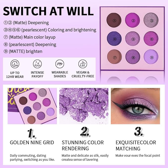 9-Color Purple Eyeshadow Palette – Matte, Shimmer & Glitter Shades in Magenta, Lavender, Lilac, Violet & Taupe, High Pigment Long-Lasting Waterproof Blendable Eye Makeup for Bold & Creative Looks