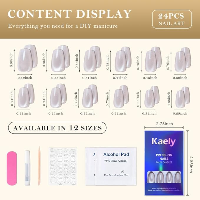 evpct Pearl White Nude Cat Eye Coffin Press on Nails Square Medium, Stick on Nail Medium Square for Women Gift, Pearl Metallic Glitter Glossy Reusable Soft Gel Press on Acrylic Fake Nail with Designs