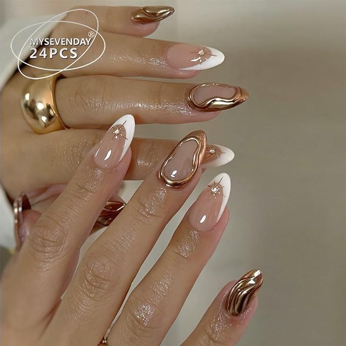 BSBTBZ White French Press on Nails Almond Chrome Gold False Nails with Star Rhinestones Nail Charms Designs Acrylic Nude Full Over Stick on Nails Glossy Artificial Nails for Women Manicure