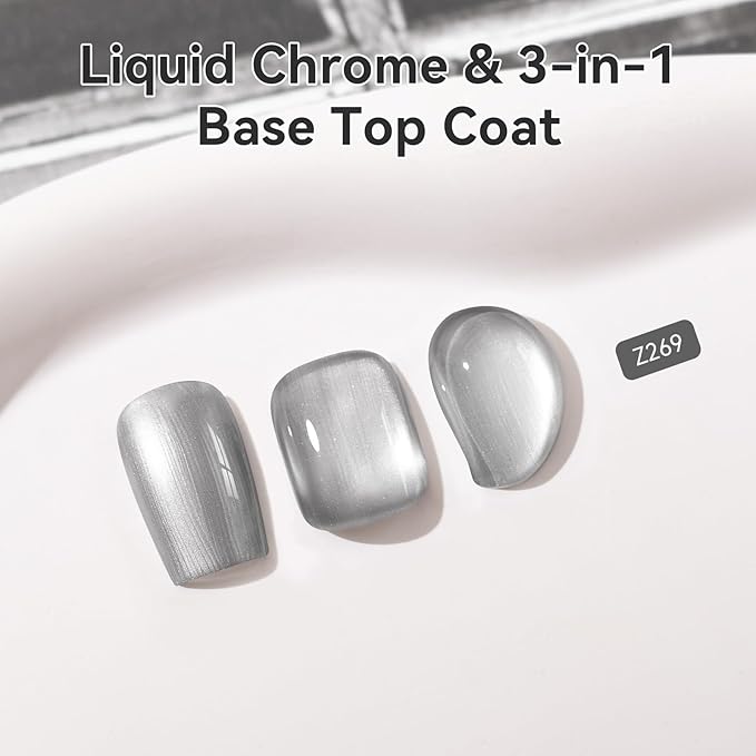 Nailshion Metallic Silver Nail Polish with Base Top Coat, 3 IN 1 Nail Strengthener Quick Dry Clear Nail Polish Duo, Opaque, Non-Gel, Vegan, Liquid Silver Glossy Chrome Nails Art Gift for Women Girls
