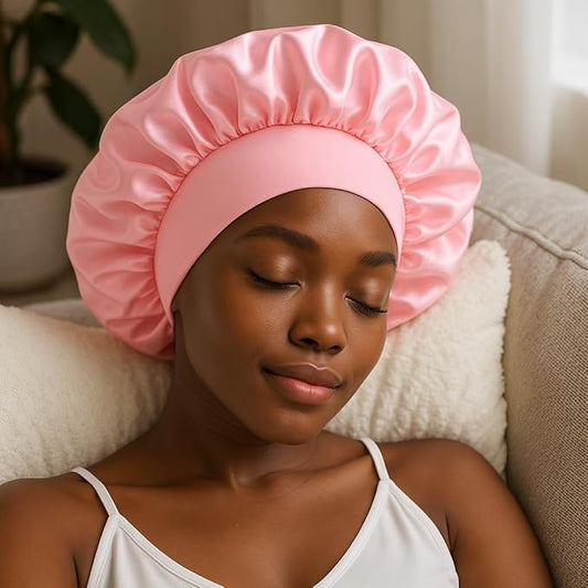 Satin Sleep Bonnet for Women - Pink Silk Hair Wrap for Sleeping, Adjustable Soft Night Cap for Curly Hair, Natural Hair Protection, Frizz-Free, Single Layer Lightweight