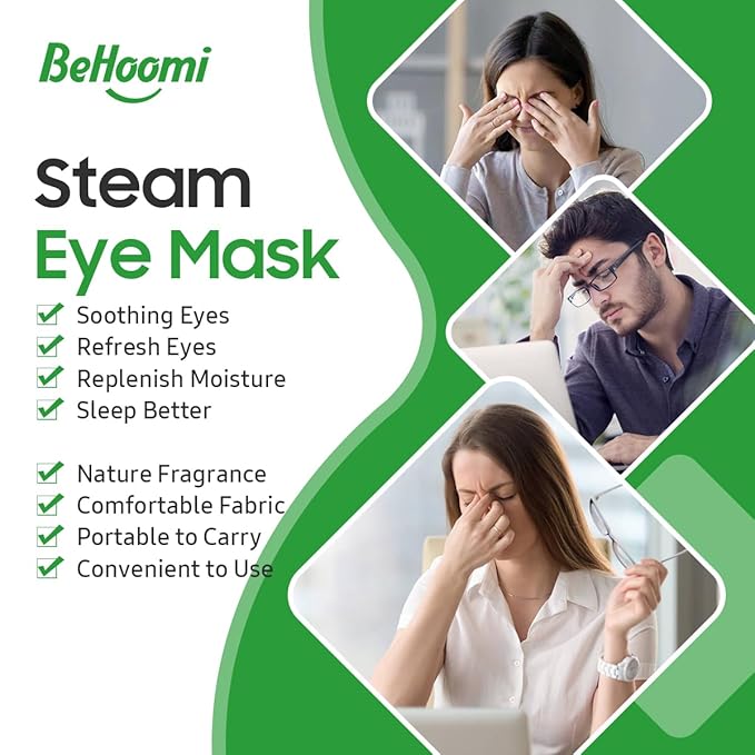 BeHoomi Steam Eye Mask, 10 Packs Heated Eye Mask, Self Heating Disposable SPA Warm Compress for Eyes Sleep Mask, Travel Essentials & Relaxation Gifts, Stocking Stuffers (Lemongrass Scent)