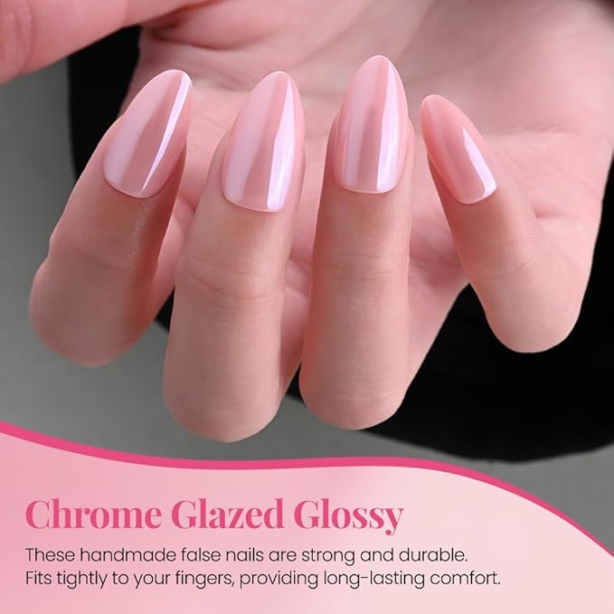 Press on Nails Short Almond - Nude Pink Chrome Glazed Glossy Press on Nail Tips Stick on Nails with Nail Kit for Gift, Reusable Stick On Nails in 15 Sizes 30 Full Cover Acrylic Soft Gel Fake Nails Kit
