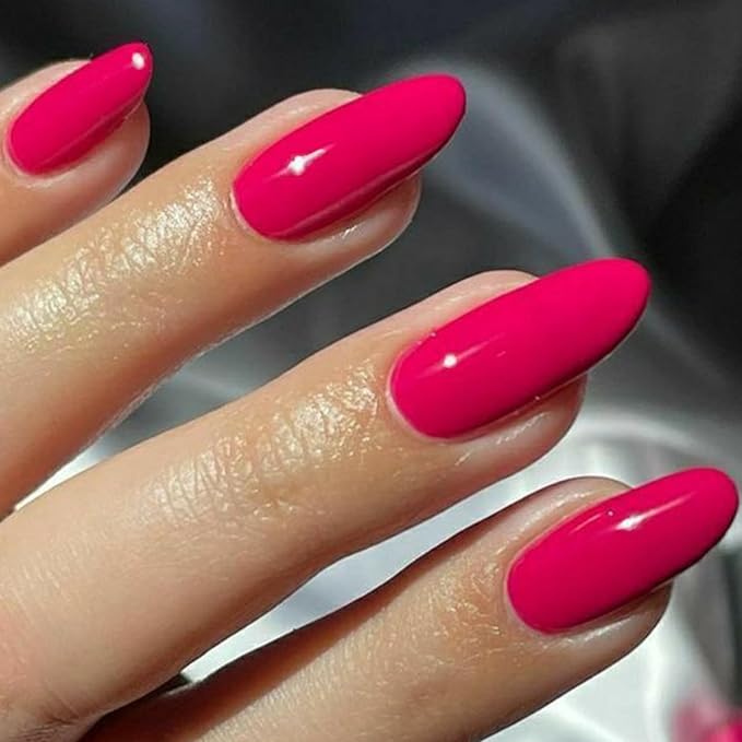 GLAMERMAID Hot Pink Press on Nails Medium Almond, Rose Red Handmade Jelly Soft Gel Pure Glue on Nails Stiletto, Summer Spring Fake Nails Short Oval, Reusable Acrylic Stick on False Nails Kit for Women