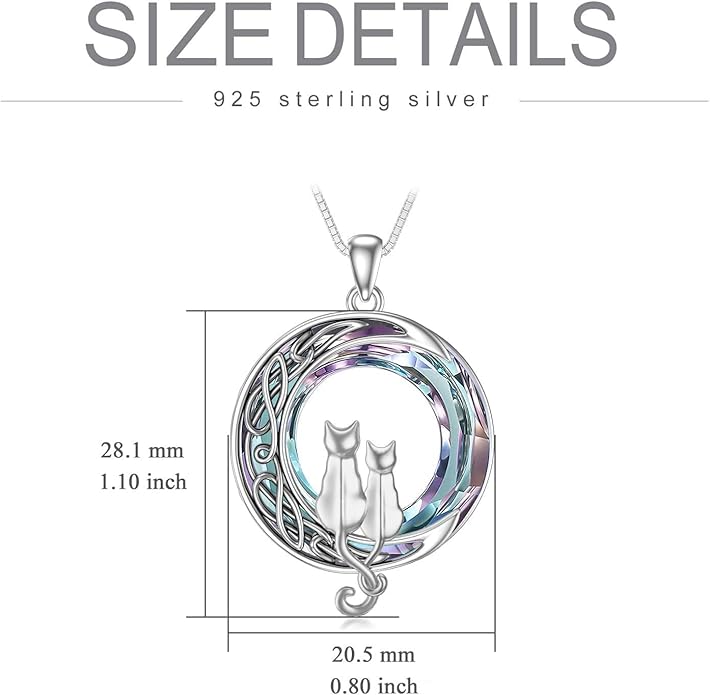 TOUPOP Cat Gifts for Cat Lovers One Two Three Four Cats Necklace Sterling Silver Cats on the Moon Pendant Necklace with Blue Circle Crystal Birthday Christmas Celtic Jewelry Gifts for Women