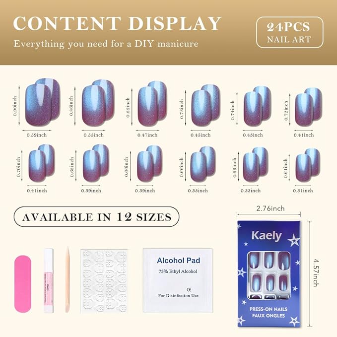 evpct Mauve Blue Reflective Metallic Cat Eye Press on Nails Square Medium, Stick on Nails Medium Length Square for Women, Mauve Metallic Nail press ons, Iridescent Glitter Acrylic Fake Press on Nail