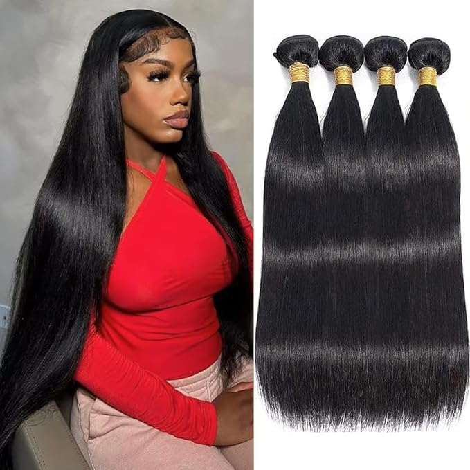 12A Straight 4 Bundles Human Hair 18 20 22 24 Inch, 400g/Pack Brazilian Virgin Straight Hair Bundles Human Hair Bundles for Black Woman, Double Weft Quick Weave Extensions