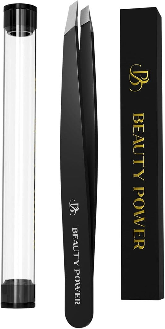 Beauty Power Professional Ultra-Precision Slant Tweezers for Women Facial Hair - German Stainless Steel, Tweezers for Men & Women, Black Eyebrow Tweezer for Ingrown Hair - Black