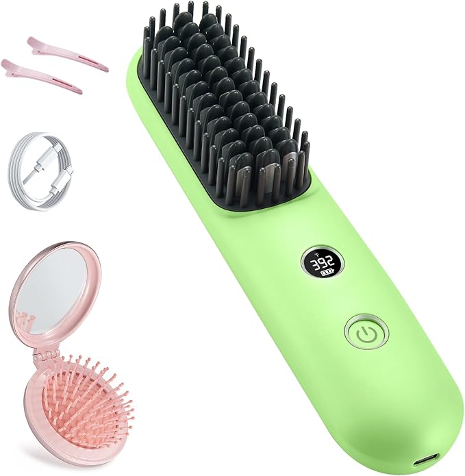 STUDLLY LCD Screen Cordless Hair Straightener Curler 2 in 1, Portable Mini Hair Straightening Brush for Travel Negative Ionic Fast Heating Hot Comb for Women, Folding Brush with Mirror, Green