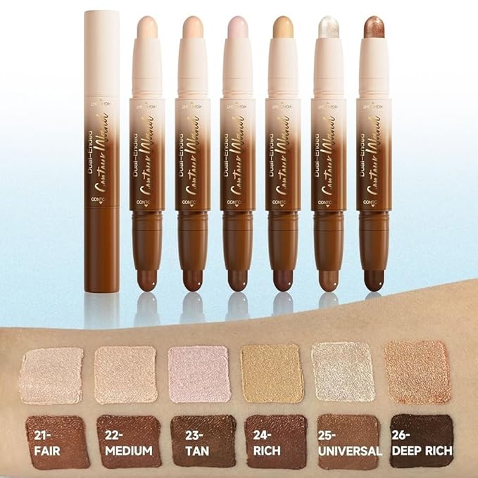 2Pcs Dual-Ended 2-in-1 Cream Contour & Highlighter Stick Makeup For Face & Body – Waterproof, Long-Lasting, Suitable for All Skin Tones, (01+03)