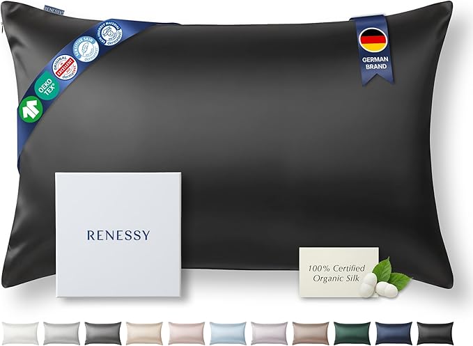 RENESSY Premium Silk Pillowcase 100% Organic Mulberry Silk, 22 Momme, Grade 6A - Oeko-Tex Certified in Germany - Luxury for Hair & Skin, 1 Piece (Queen Size 20x30 Inches, Black)