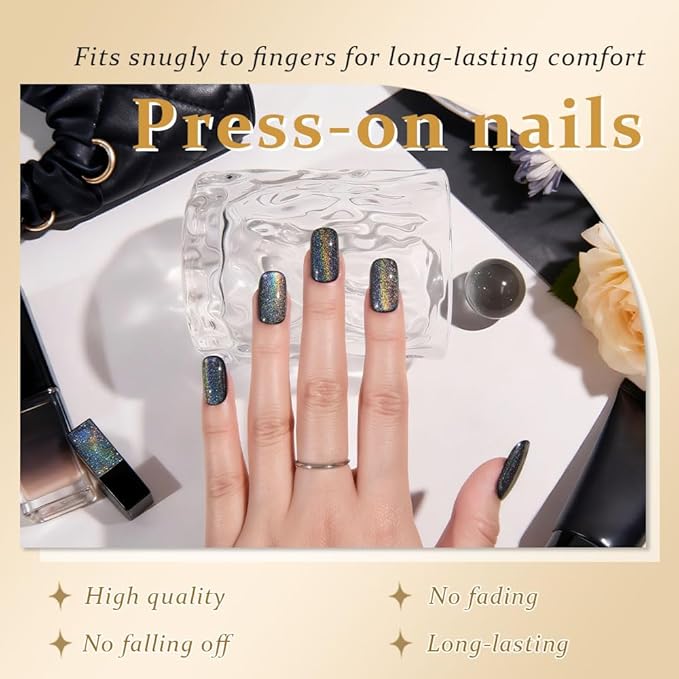 evpct Black Chrome Metallic Cat Eye Press on Nails Square Medium, Stick on Nails Medium Length Square for Women, Black Metallic Nail press ons, Iridescent Glitter Halloween Acrylic Fake Press on Nail