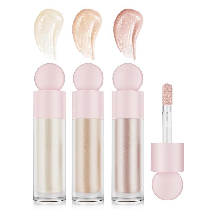 Liquid Highlighter Makeup Liquid Luminizer Glitter 3Pcs, Face Highlighters & Luminizers Body Highlighter for Long Lasting Shimmer, Highlighters Makeup Easy to Apply with Cushion Applicator