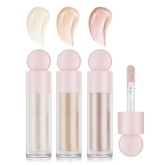 Liquid Highlighter Makeup Liquid Luminizer Glitter 3Pcs, Face Highlighters & Luminizers Body Highlighter for Long Lasting Shimmer, Highlighters Makeup Easy to Apply with Cushion Applicator