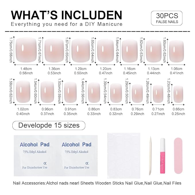 XZMeiLun Pink Nude Ombre Press On Nails Short Square, Gradient French Tip Designer Fake Nail Reusable Real Acrylic Nails for Women, Glossy Soft Gel False Nail with Glue On Nails, Wedding Stick On Nail