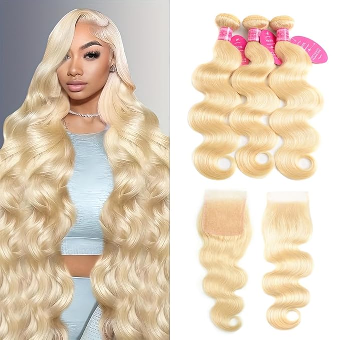613 Bundles Blonde Human Hair Body Wave Bundles with Closure (16 18 20+14 Inch) 100% Unprocessed 12A Grade Brazilian Virgin Hair Extensions Quick Weave Extensions for Women