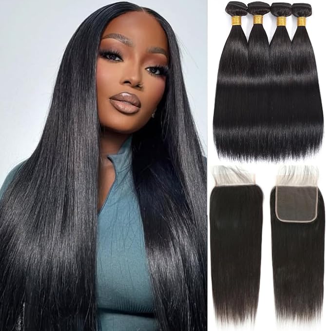 Black Bundles Human Hair with Closure Straight Human Hair Bundles and Closure 14 16 18 20+12 Inch Pre-Plucked Baby Hairs and Natural Hairline Full and Thick Quick Weave Extensions Black