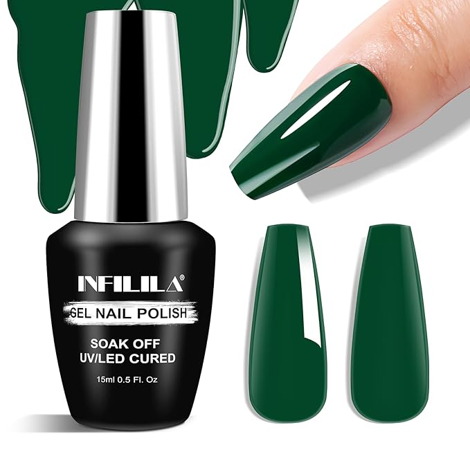NXJ INFILILA Green Gel Nail Polish, 15ml 0.51oz One-Stroke Coloring Forest Green Gel Polish, Hema Free Dark Color High Gloss Soak Off UV French Manicure Salon DIY SQ068