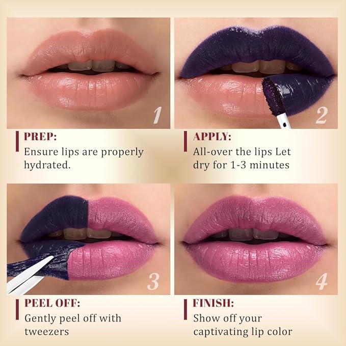 evpct Rose Peel Off Lip Stain Tints with Tweezer, Matte Lipstick Lip Stain Gloss Long Lasting Waterproof for Women, Non-stick Cup Lipstick Peel Off High Pigmented 24 Hrs Original Lips Stains, 02