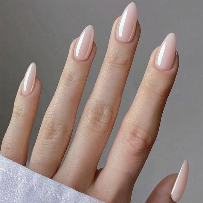 GLAMERMAID Press on Nails Medium Almond, Spring Summer Nude Gel Glue on Nail, Glossy Short Stiletto Reusable UV Finish Fake Nails Acrylic False Nails Manicure Kits for Women