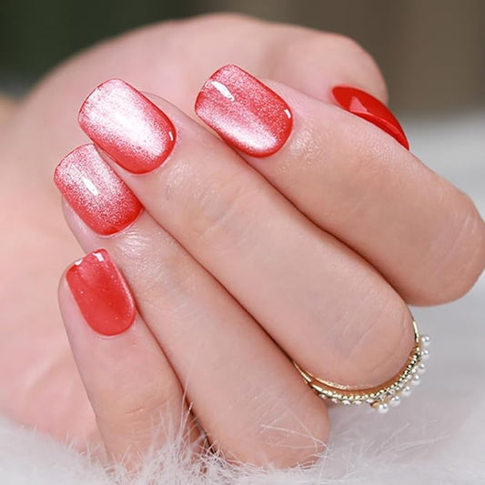 evpct Pink Cat Eye Extra Short Press on Nails Square, Petite Short Square Stick on Nails for Women Gift, Red Nude Pink Metallic Glitter Glossy Reusable Soft Gel Press on Acrylic Fake Nail with Design