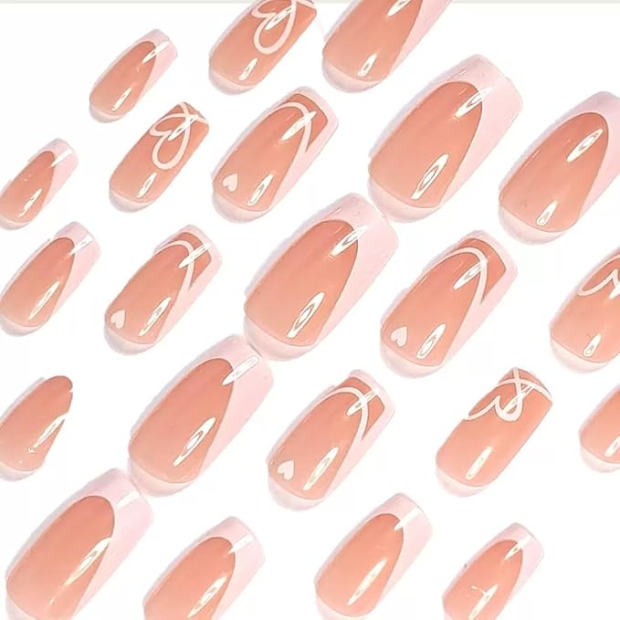 Square Press on Nails Medium - White French Tip with Heart Stripes Design - Glossy Full Cover Stick on False Nails - for Women 24 Pcs
