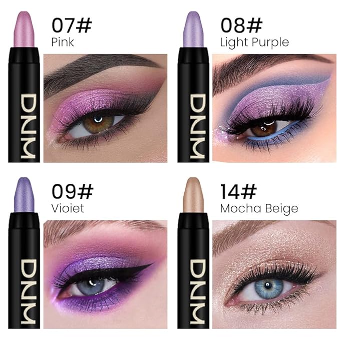 Kaely 4Pcs Metallic Shimmer Eye Shadow Sticks Set, Pink Light Purple Vioiet Mocha Beige, Eyeliner Pencil Eyeshadow Palette Halloween Makeup, Eye Highlighter Brightener Stick for Women