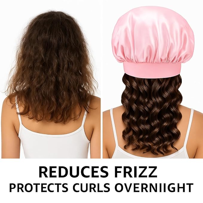 Satin Sleep Bonnet for Women - Pink Silk Hair Wrap for Sleeping, Adjustable Soft Night Cap for Curly Hair, Natural Hair Protection, Frizz-Free, Single Layer Lightweight