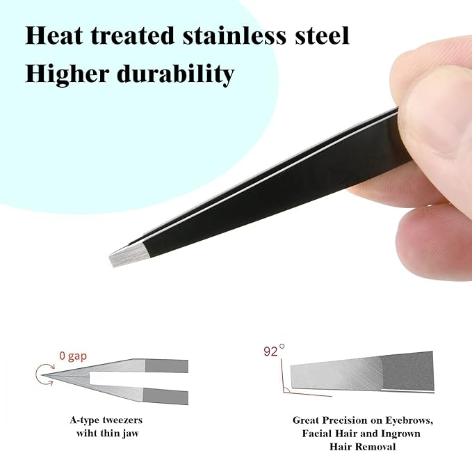 FIVETAS Stainless Steel Tweezers for Eyebrows-Flat Tweezer with Case for Women&Man,Great Precision on Brow,Facial Hair and Ingrown Hair Removal(Black)