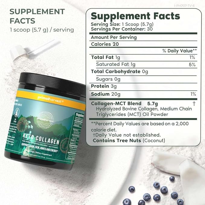 Primal Harvest Keto Collagen Powder with MCT Oil Hydrolyzed Collagen Peptides 10 oz Unflavored Paleo & Keto Friendly Protein Supplement