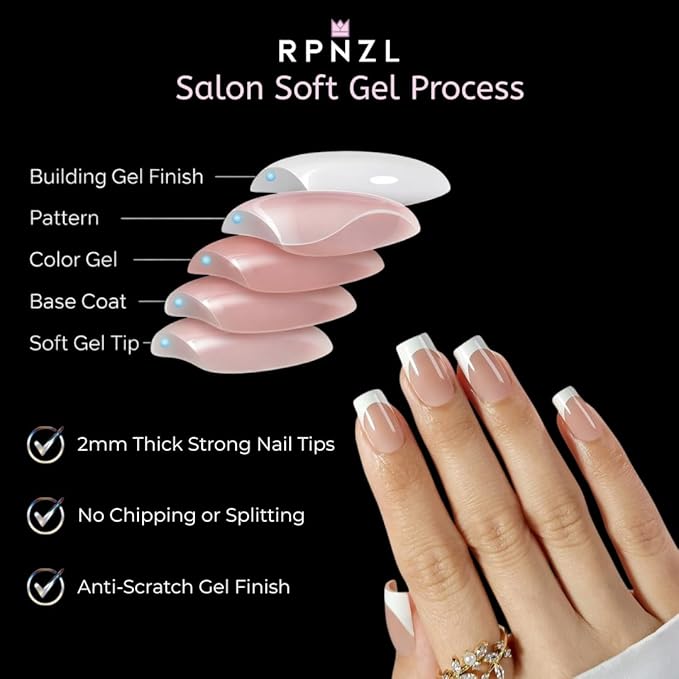 RPNZL Press On Nails - Ivory | French Tip, Medium Square UV Finish Fake Nails, Salon Quality | 32 Nails, 16 Sizes Kit with Glue and Adhesive Tabs I Female Founded