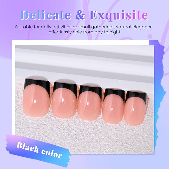 XZMeiLun Nude+Black French Tips Press on Nails, Short Square Acrylic Fake Nails Design, Natural Reusable Glue-On Nails Kit for Women DIY False Nail Art Decoration Gift, Salon Quality Reusable 32 Pcs